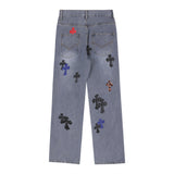 Men Jeans Cross Leather Embroidery Personality