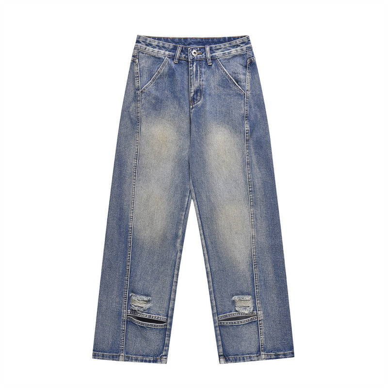 Men Jeans Ripped Stitching Retro Loose