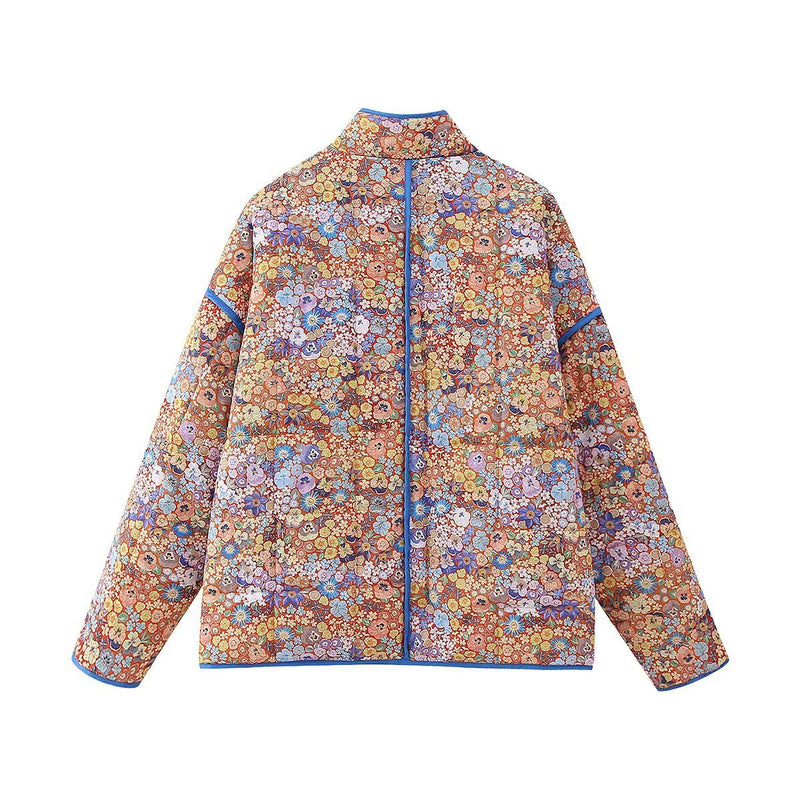 Women Cotton Coat Stand Collar Small Floral Baggy Coat Middle-Aged and Elderly