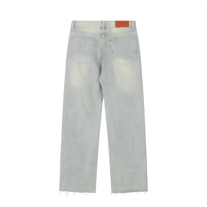 Men Jeans Hole Loose Burrs Casual Retro