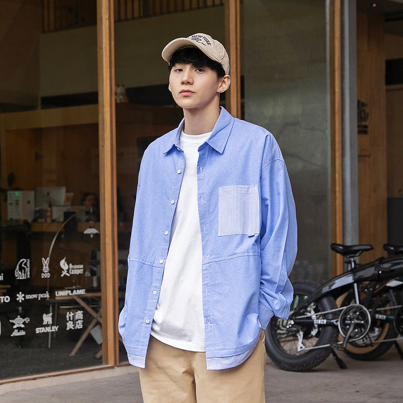 Unisex Shirt Patchwork Stripes Loose Casual Jacket