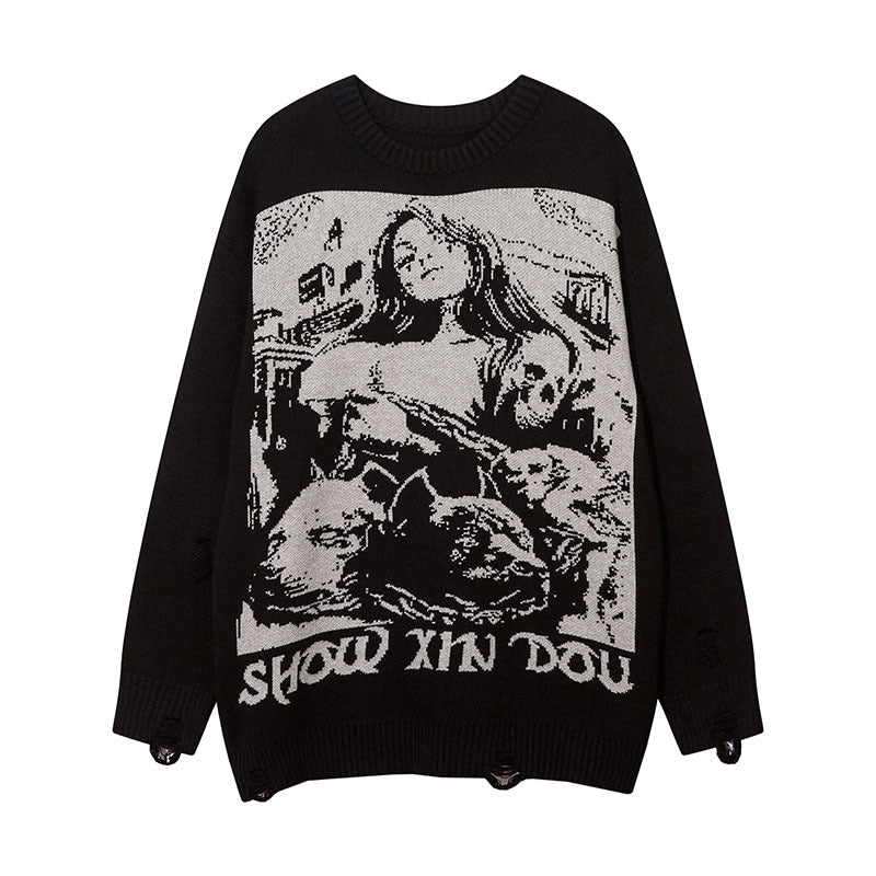 Women Sweater Ripped Knitted Sweater Idle Style