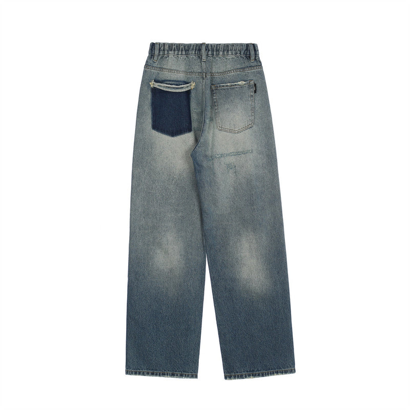 Men Jeans Color Matching Pocket Decoration Loose Hole