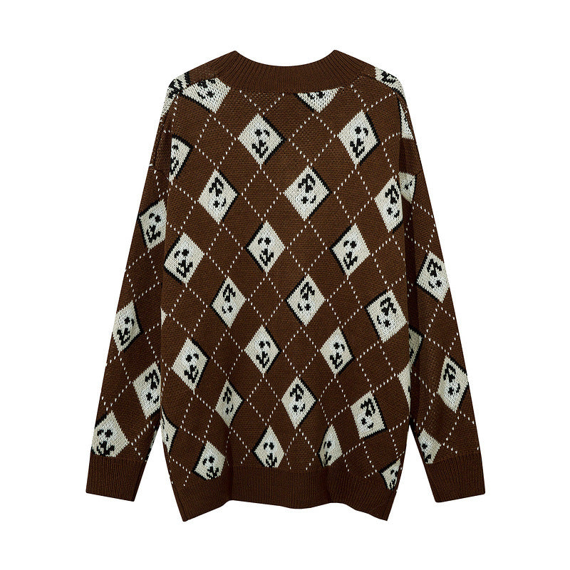 Women Sweater Rhombus Knitted Sweater Loose Cardigan