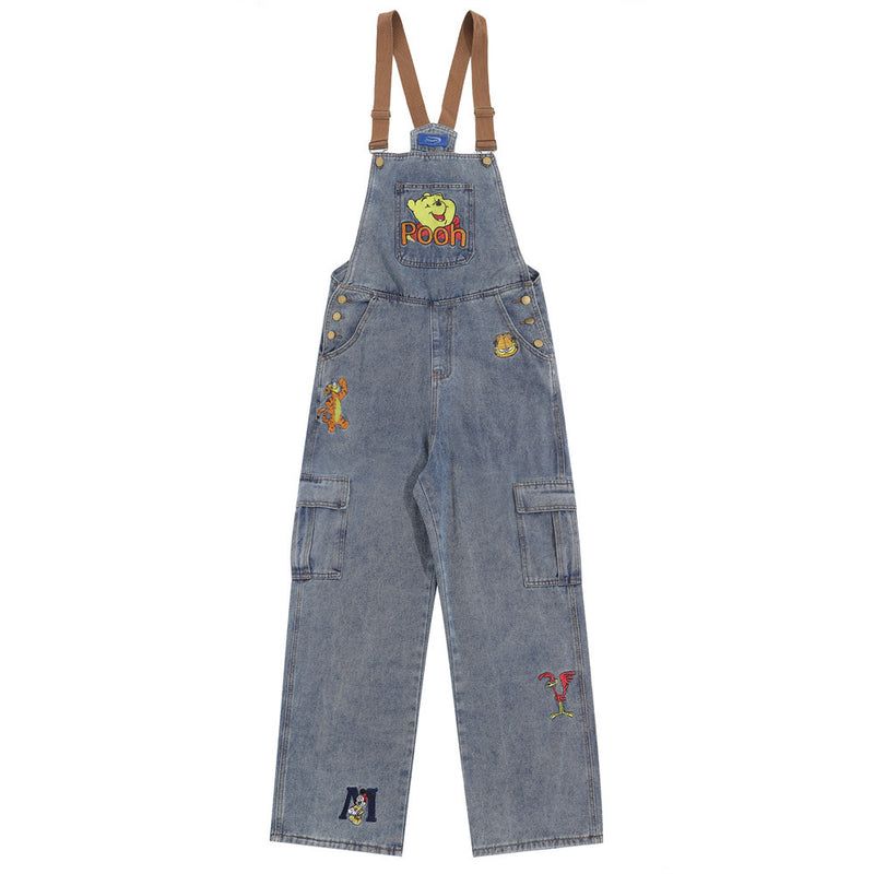 Overalls Men Jumpsuit Embroidered Denim Suspender Pants Fashion Brand Street Tooling Suspender Jumpsuit Straight-Leg Trousers