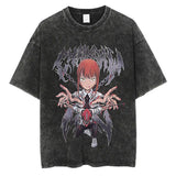 Anime Chainsaw Men Washed Tshirt Retro Hip Hop Streetwear