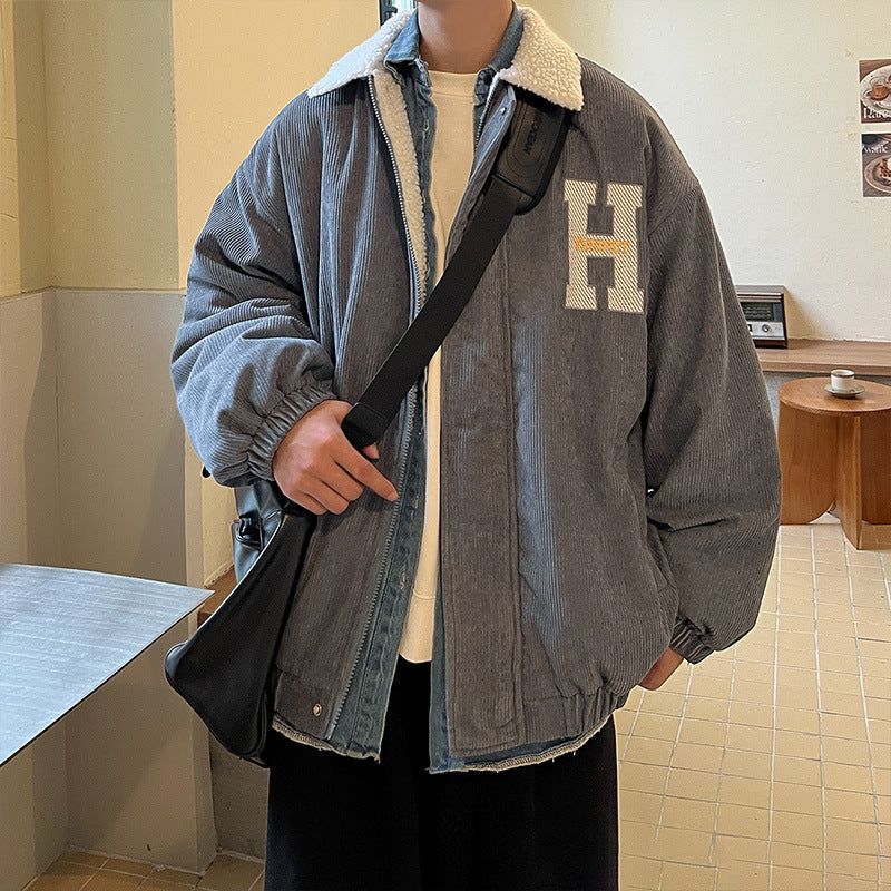 Men Cotton Coat Corduroy Cotton Jacket Winter Fleece-lined Thickened