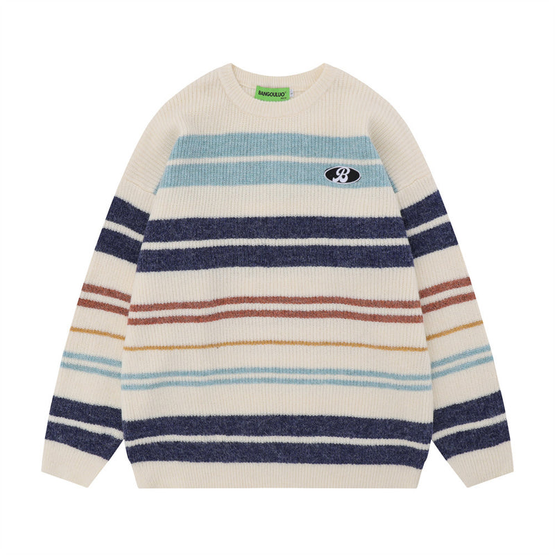 Men Sweater Flower Stripe Crew Neck Sweater