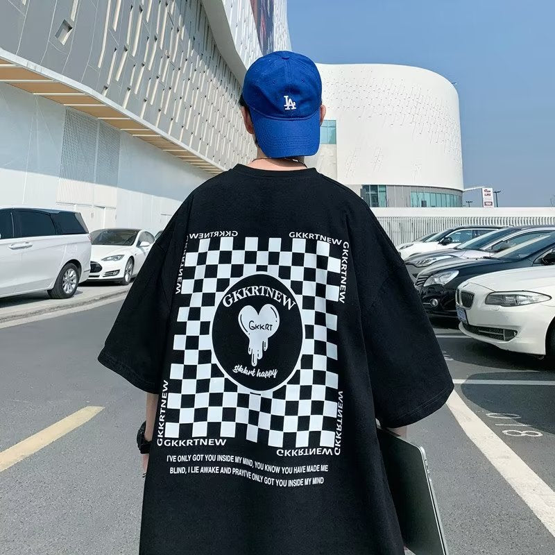 Men's T Shirt Summer Pure Cotton Loose Checkerboard Plaid Printing