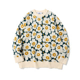 Men Sweater Flower Jacquard Sweater Loose round Neck