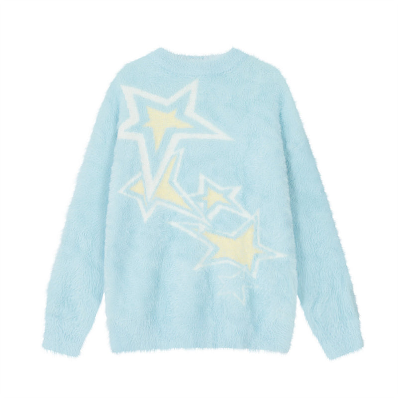 Men Sweater Five-Pointed Star round Neck Sweater Fleece Sweater Niche