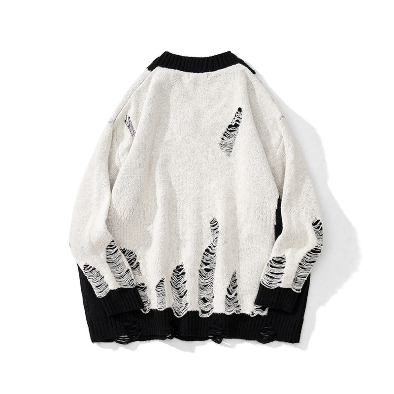 Men Sweater Color Matching Crocheted Ripped Sweater round Neck Sweater