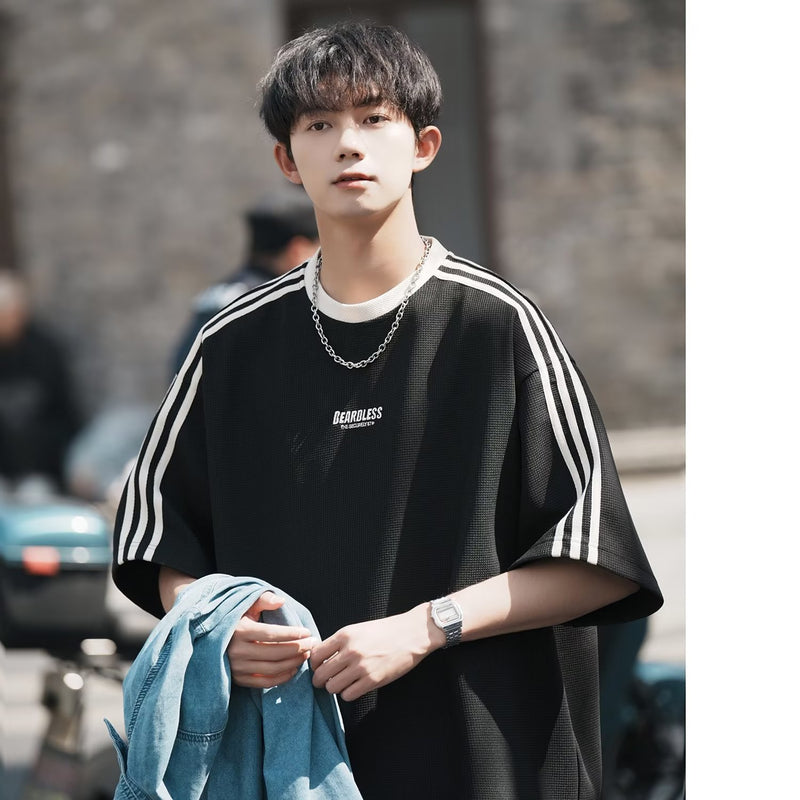 Men T Shirt Waffle Summer Loose Casual Stripes