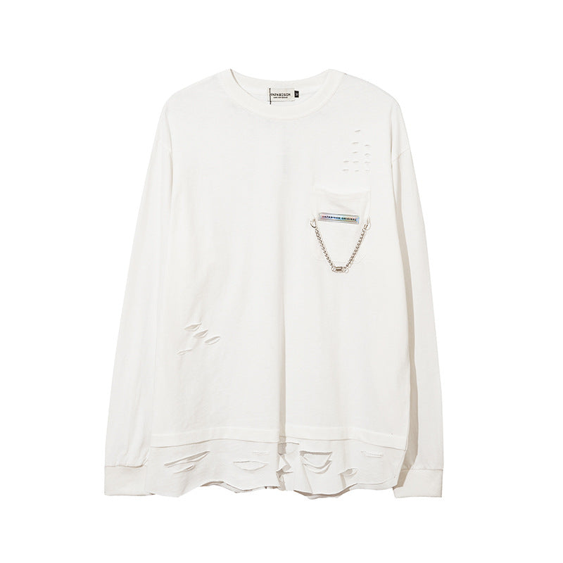 Men Long Sleeve T-Shirt Loose Cut Ripped Chain