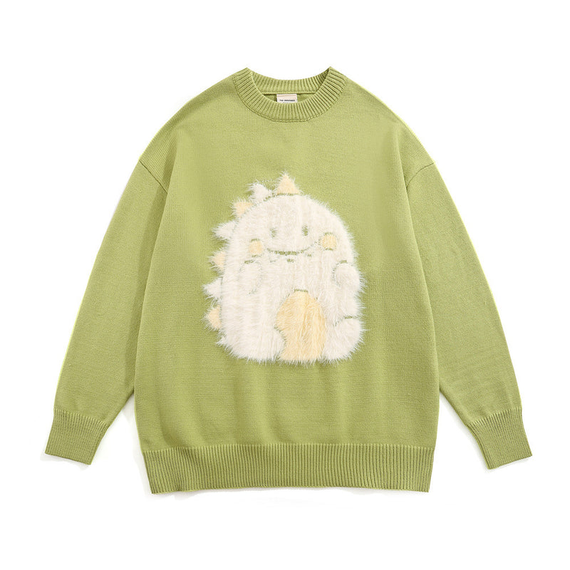 Men Sweater Cartoon Dinosaur Jacquard round Neck Sweater Casual