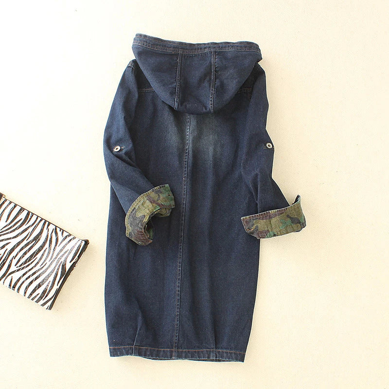 Women Trench Coat Denim Hooded Jacket