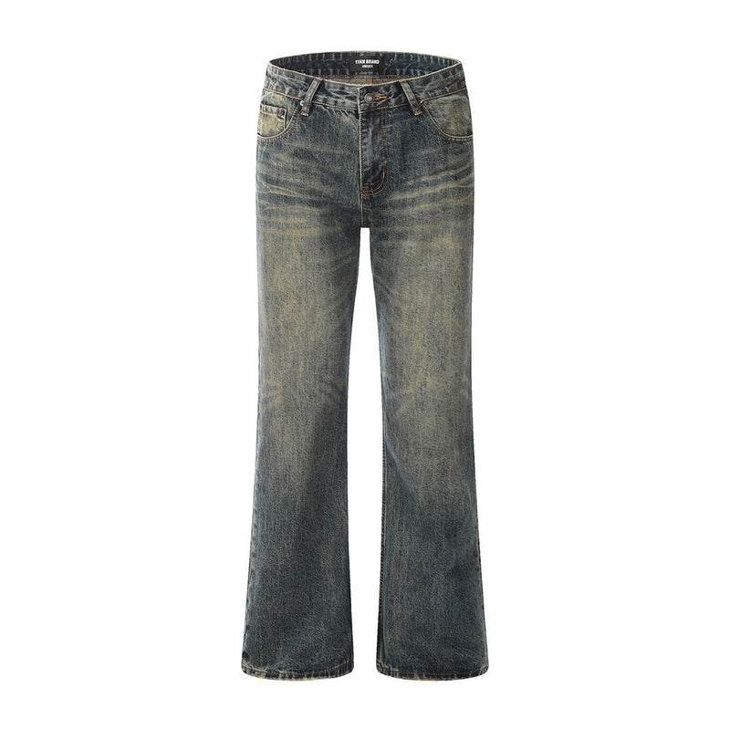 Men Jeans Bell-Bottom Pants Loose Retro Ripped Distressed