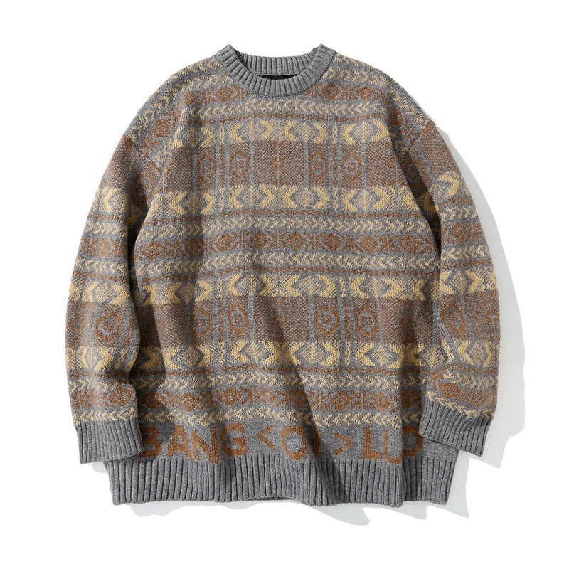 Men Sweater Striped round Neck Sweater Retro Loose Sweater