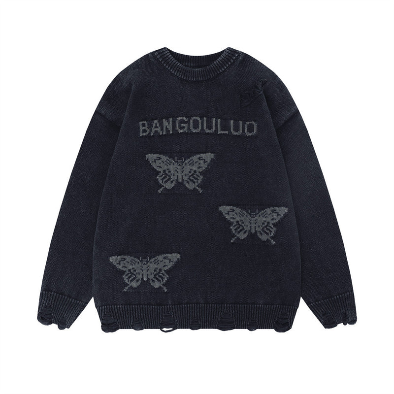 Men Sweater Butterfly Jacquard round Neck Sweater Niche Distressed