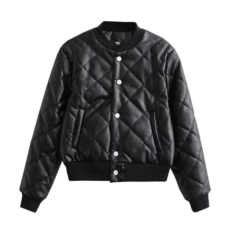 Women Cotton Coat PU Leather Diamond Lattice Baseball Uniform