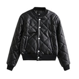 Women Cotton Coat PU Leather Diamond Lattice Baseball Uniform