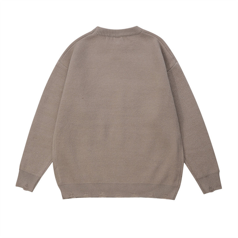 Men Sweater Crew Neck Sweater Leisure Ripped Crocheted