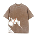 Men Washed Apricot T-Shirt Hip Hop Streetwear Anime Graphic