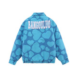 Men Cotton Mixed Jacket Coat Fall/Winter Jacket Men's Full Printed Heart Letter Lapel Zipped Cotton-Padded Jacket