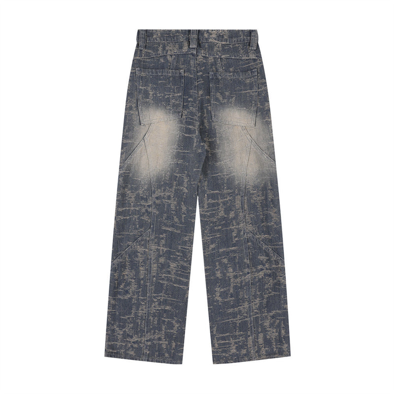 Men Jeans Stitching Polished White Distressed Jacquard Splash-Ink