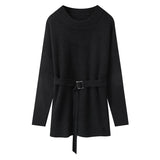 Women Pullover Sweater with Belt Long Knitted Sweater