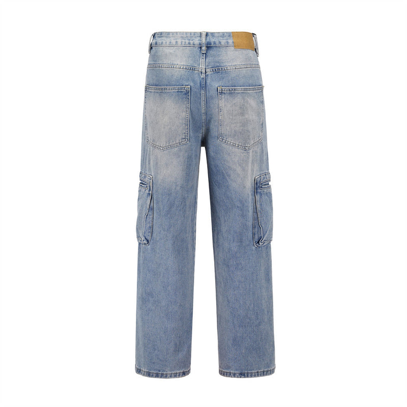 Men Jeans Workwear Denim Loose Multi-Pocket