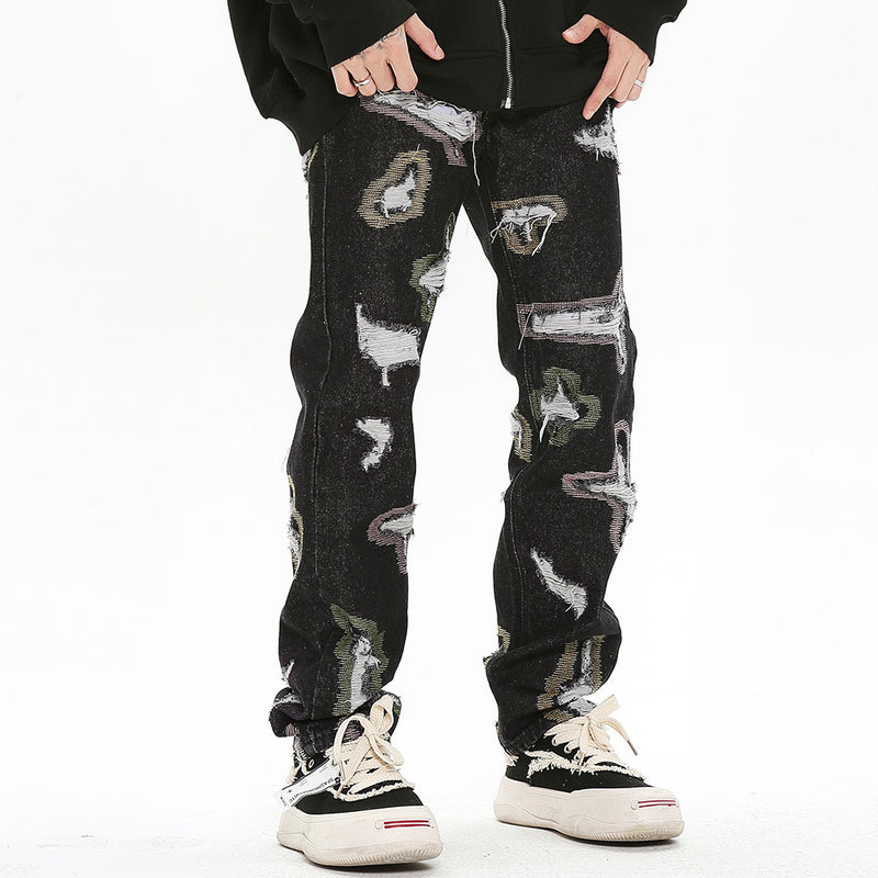 Men Jeans Ripped Embroidery Loose
