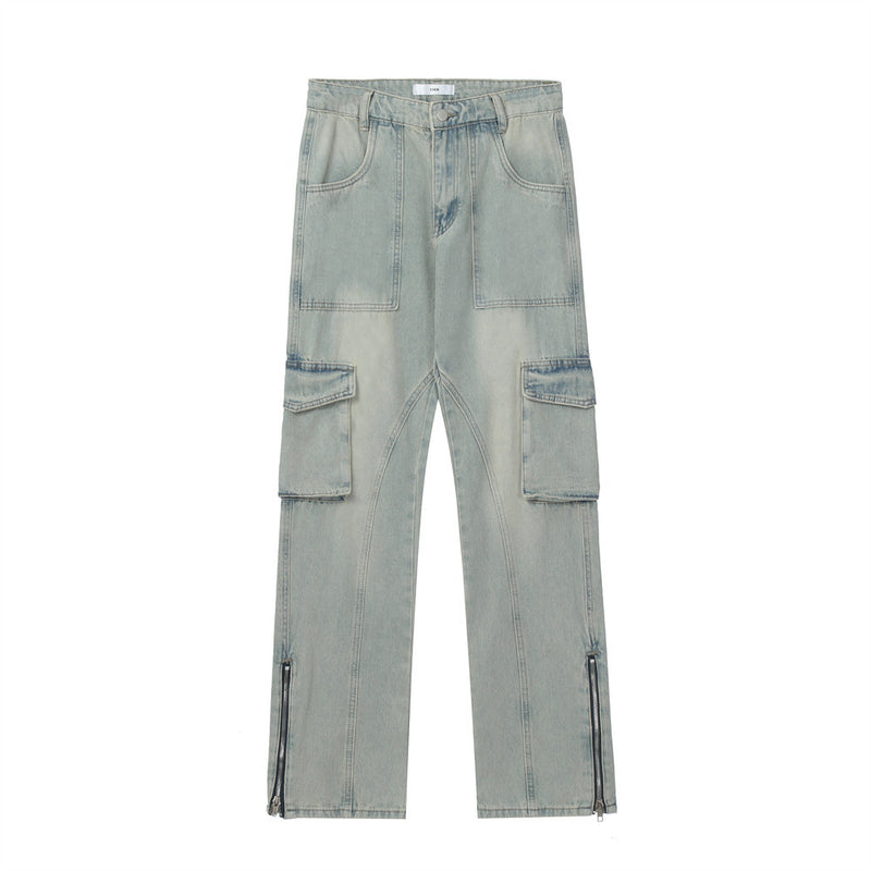Men Jeans Multi-Pocket Cargo Pants Feet Loose Zip
