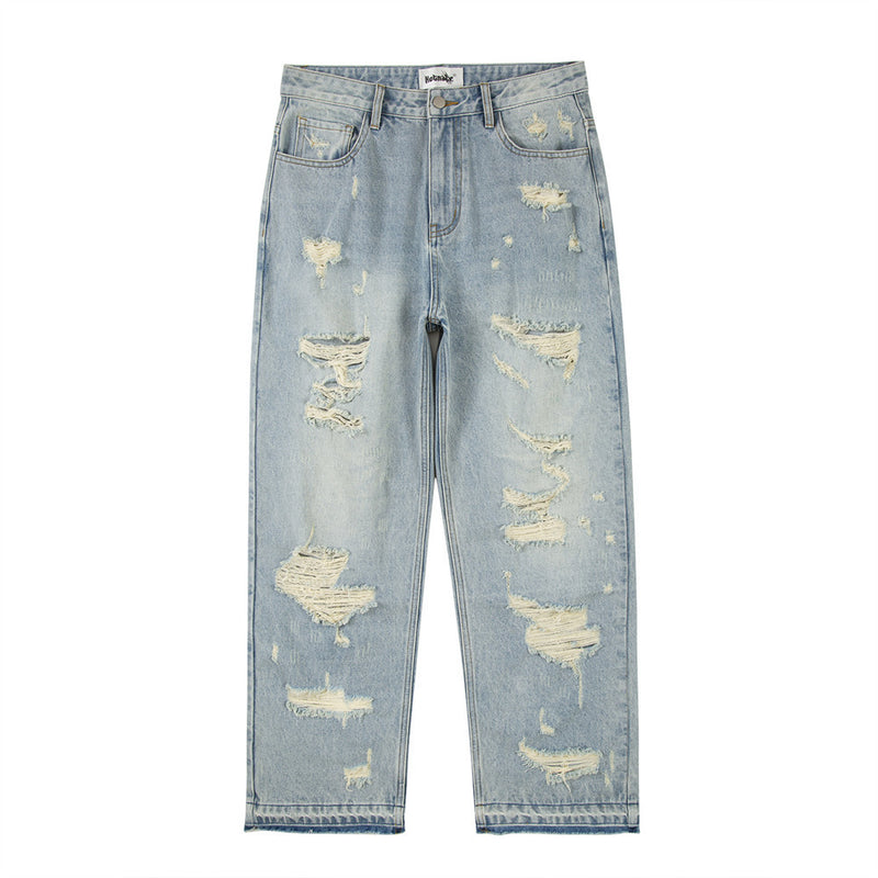 Men Jeans Loose Hole Frayed Hem All-Matching