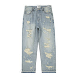 Men Jeans Loose Hole Frayed Hem All-Matching