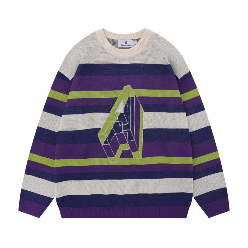 Men Sweater Mixed Color Stripe Jacquard Sweater