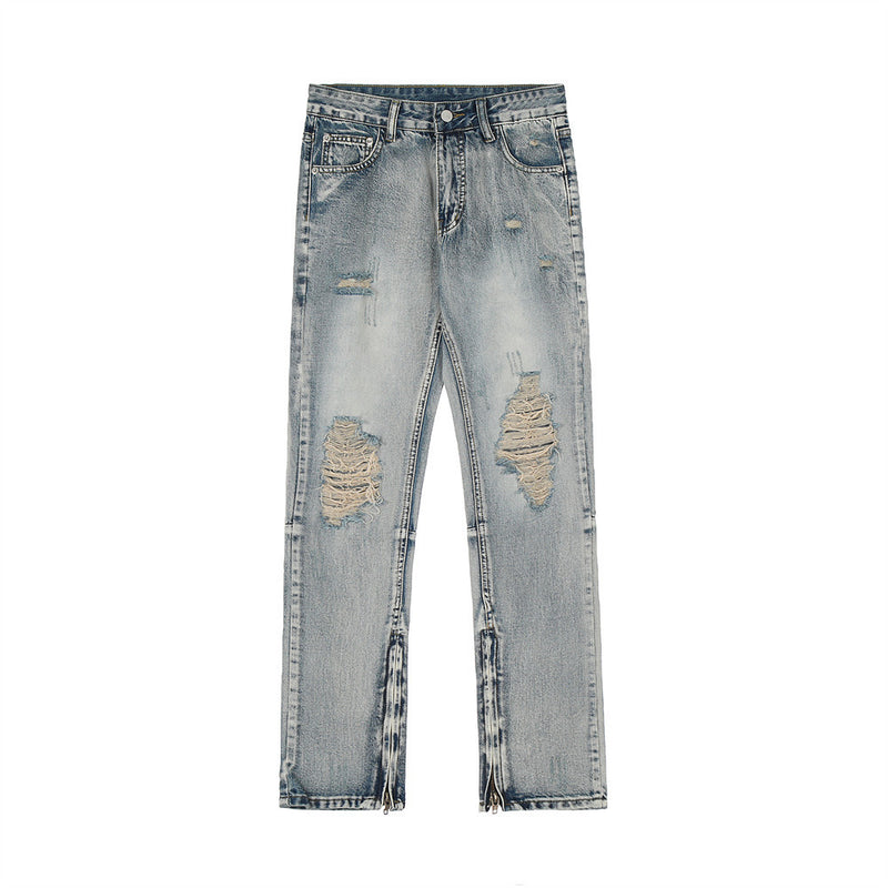 Men Jeans Make Old Ripped Zipper Slit