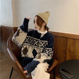 Women Knitted Cardigan Vintage Rhombus Thickened Coat