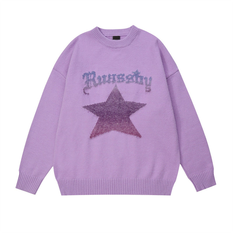 Men Sweater Hip Hop Five-Pointed Star Jacquard round Neck Knitted Shirt