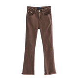 Women Jeans Retro Frayed Flared Pants Slim Stretch