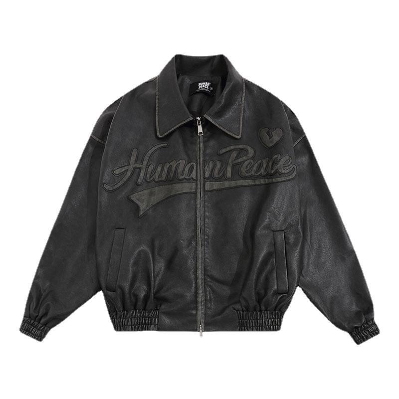 Women Jackets Vintage Distressed Embroidered Pu Baseball Uniform