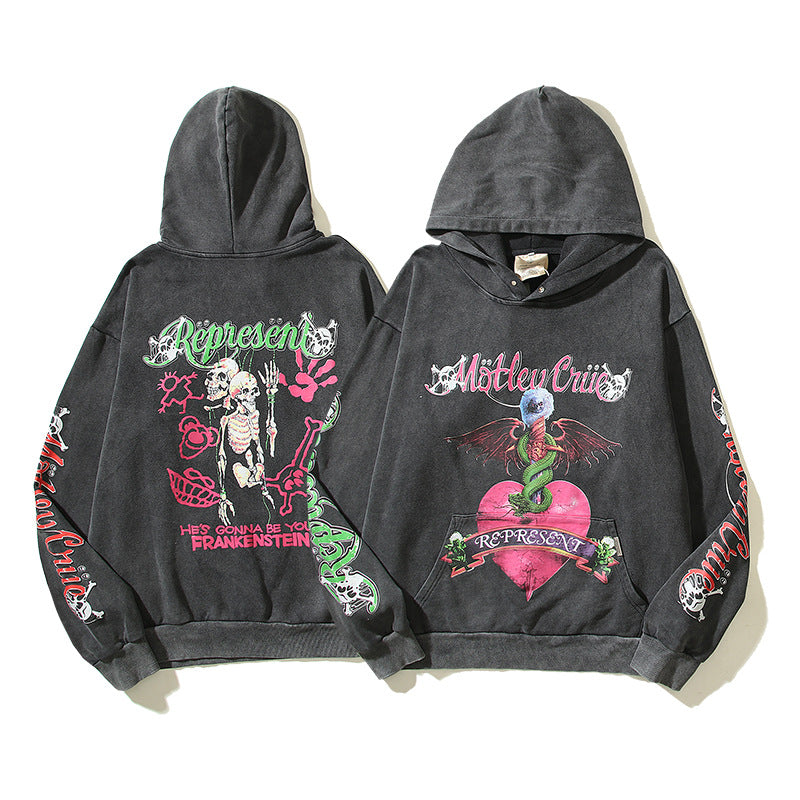 HS Hoodie Monster Skull Print Distressed Retro