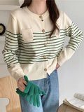 Women Knitted Cardigan Vintage Stripe Knitted Cardigan Sweater