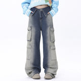 Men Jeans Denim Overalls Loose Multi-Pocket Inkjet Trousers