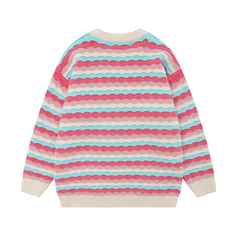 Men Sweater Striped Wave Base Knitting Loose