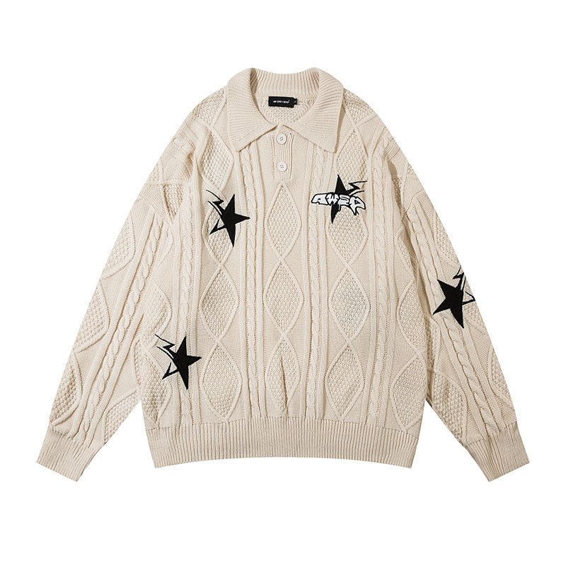 Women Sweater Twist Embroidery Polo Loose Vintage