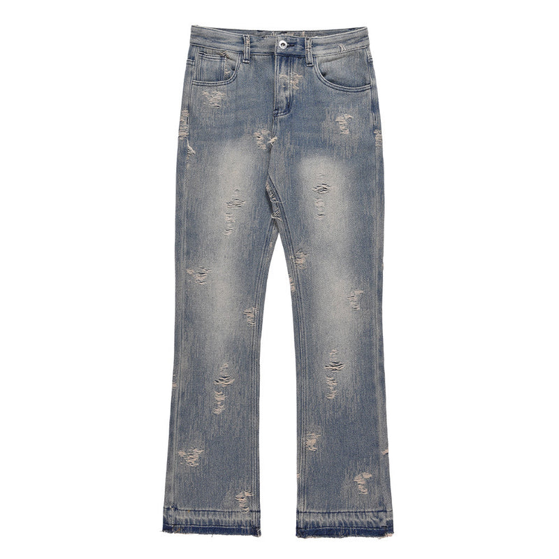 Men Jeans Hole Vintage Washed Loose Burrs Slightly Flared