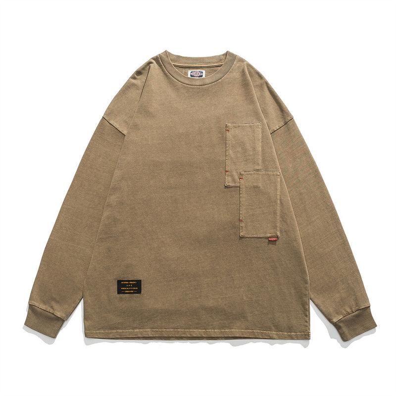 Men Long Sleeve T-Shirt Heavy Distressed Double Bag Decoration
