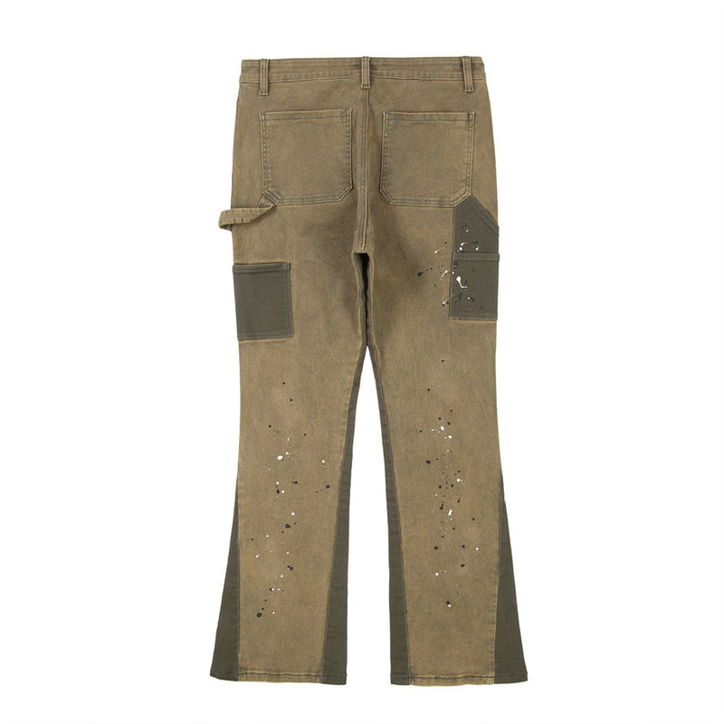 Men Jeans Stitching Bell-Bottom Pants Loose Inkjet