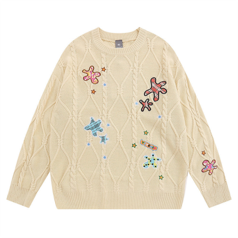Men Sweater Starfish Paste Cloth Embroidery Crew Neck Sweater
